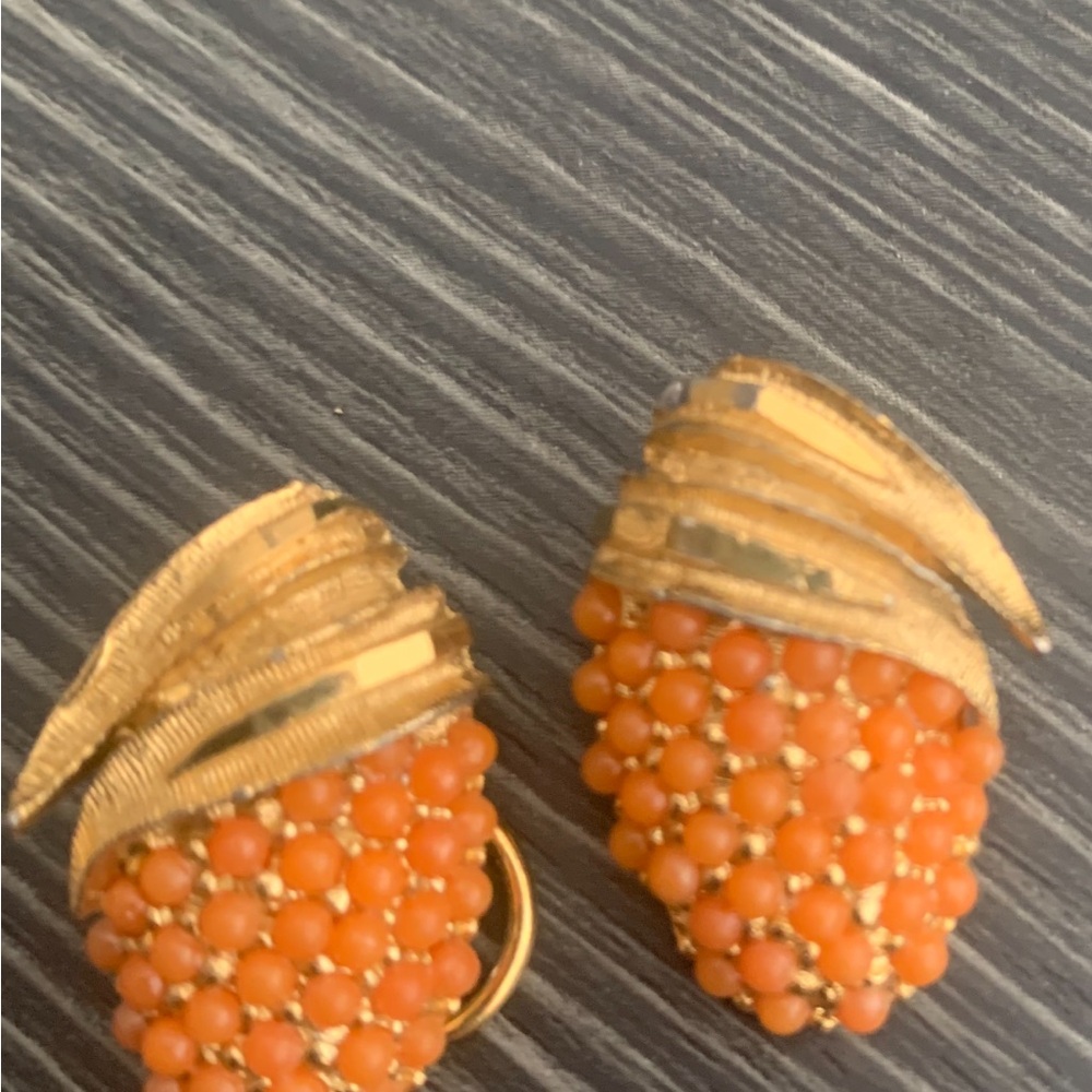 Elegant  vintage BSK Gold and Orange Beaded Earrings